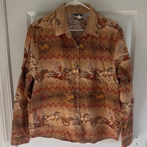 Panhandle Slim Western Horse Print Button Down Shirt XL Vintage Boho Cowboy